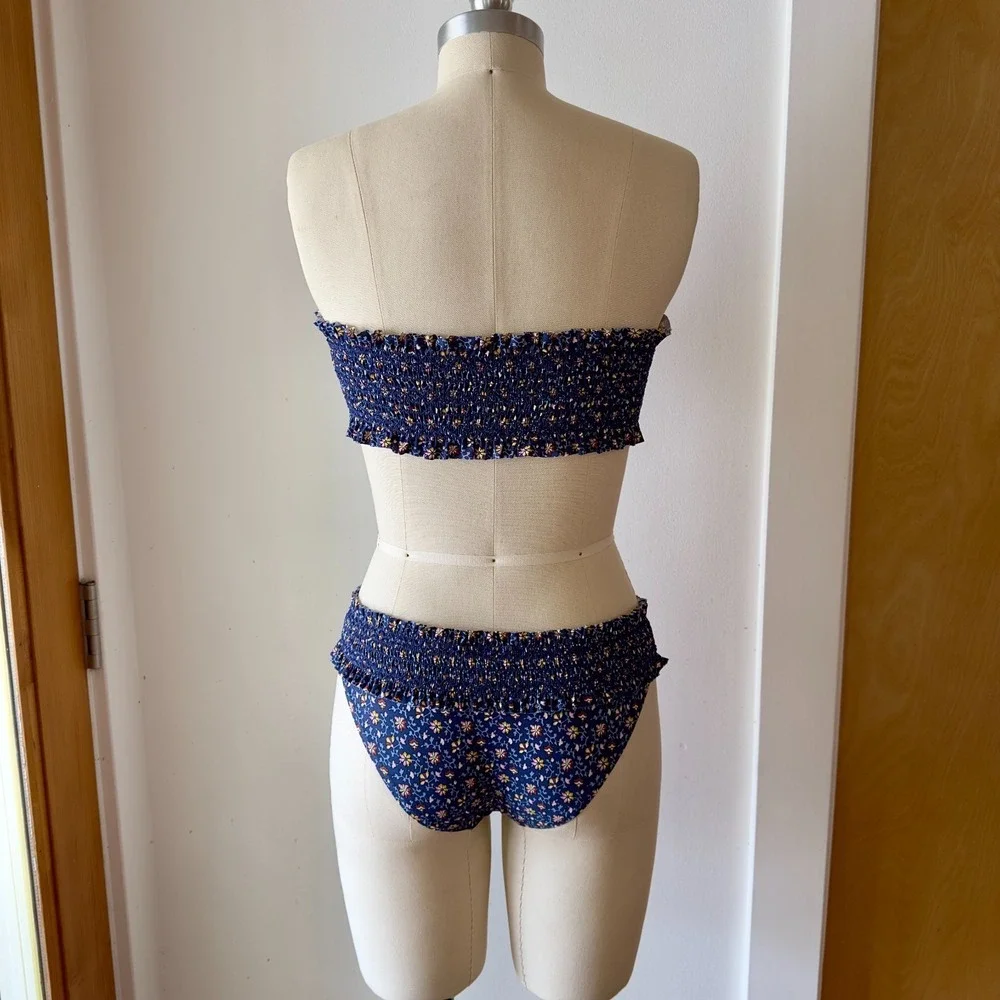 Tory Burch Costa Blue Floral Smocked Bandeau Bikini Top &‎ Hipster Btm Set-Sz XS